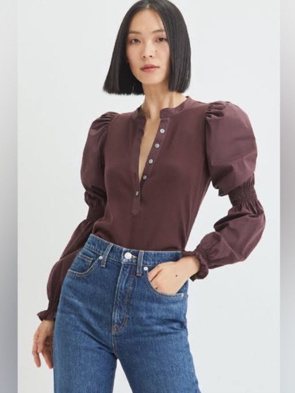 Veronica Beard Effy Top Size Small Oxblood Poet Sleeve Puff Sleeve Ribbed Henley - Picture 6 of 14